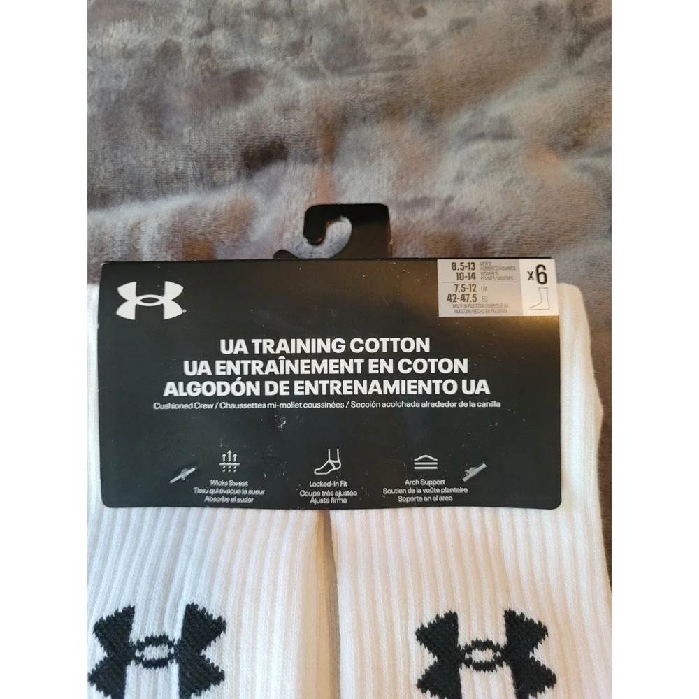 Under Armour 6 Pr Training Cotton Mens 8.5-13 Womens 10-14 Logo White Crew Socks